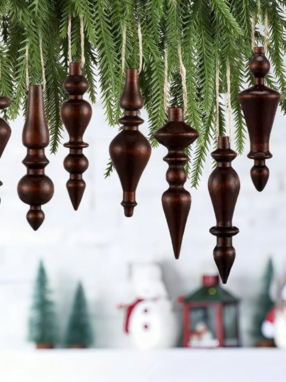 8 Pcs Wooden Christmas Ornaments Wood Finial Drop Ornaments, Brown